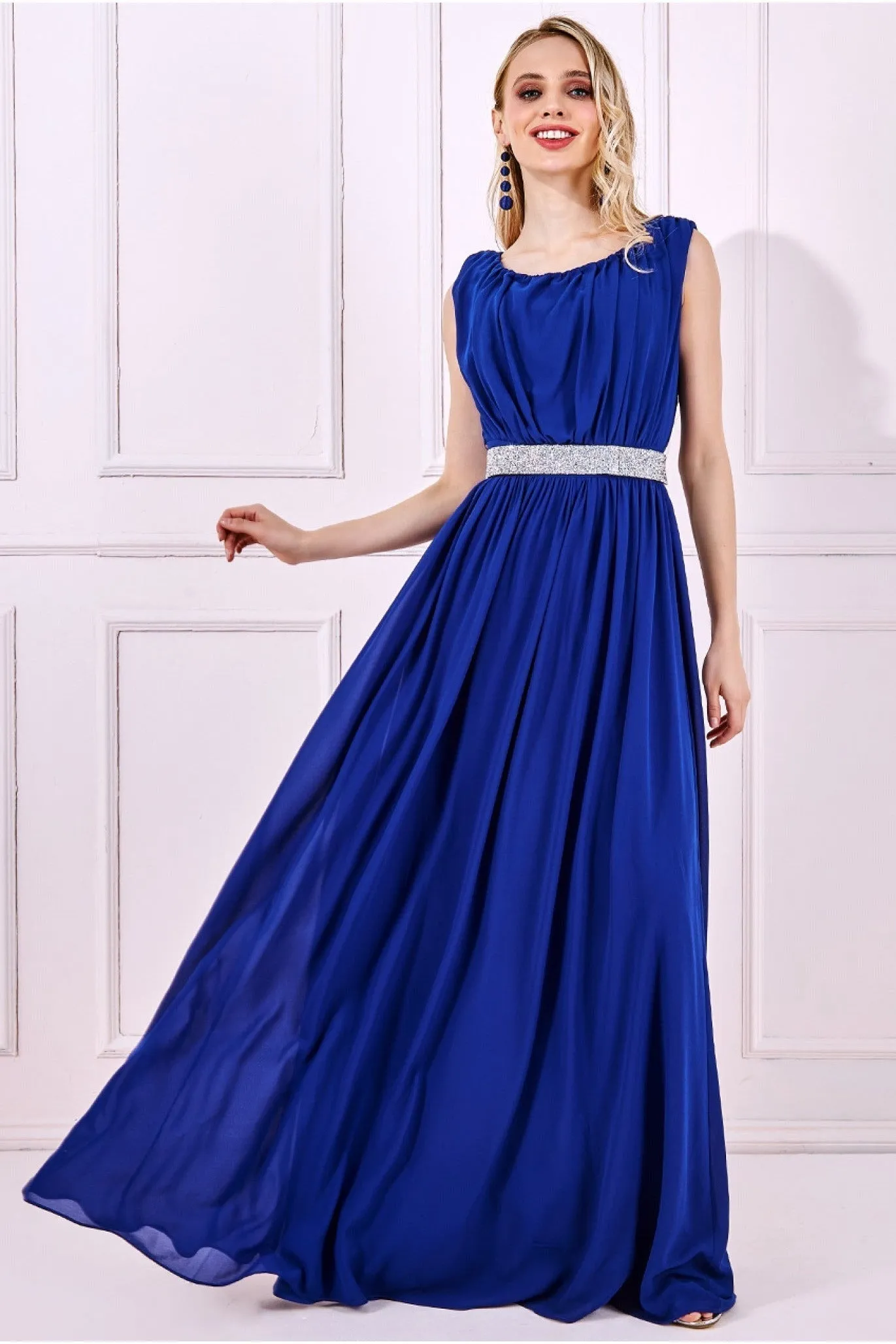 Chiffon Maxi With Embellished Belt - Royal Blue by Goddiva sold by Goddiva