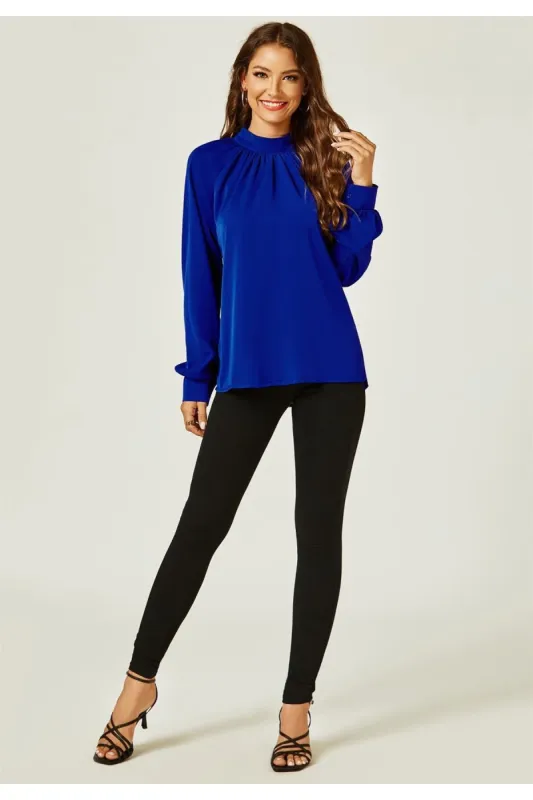 FS Collection Halter Neck Long Sleeve Blouse Top In Royal Blue sold by Goddiva