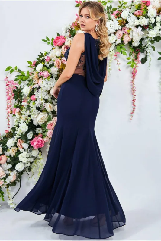 Goddiva Cowl Back Chiffon Maxi - Navy sold by Goddiva