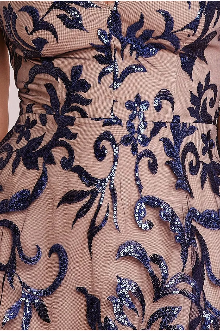 Goddiva Sequin Mesh V-Neck Flared Skirt Midi - Navy sold by Goddiva product image thumbnail 4