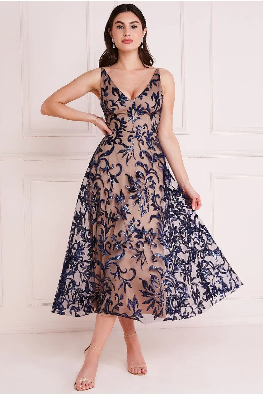 Goddiva Sequin Mesh V-Neck Flared Skirt Midi - Navy sold by Goddiva