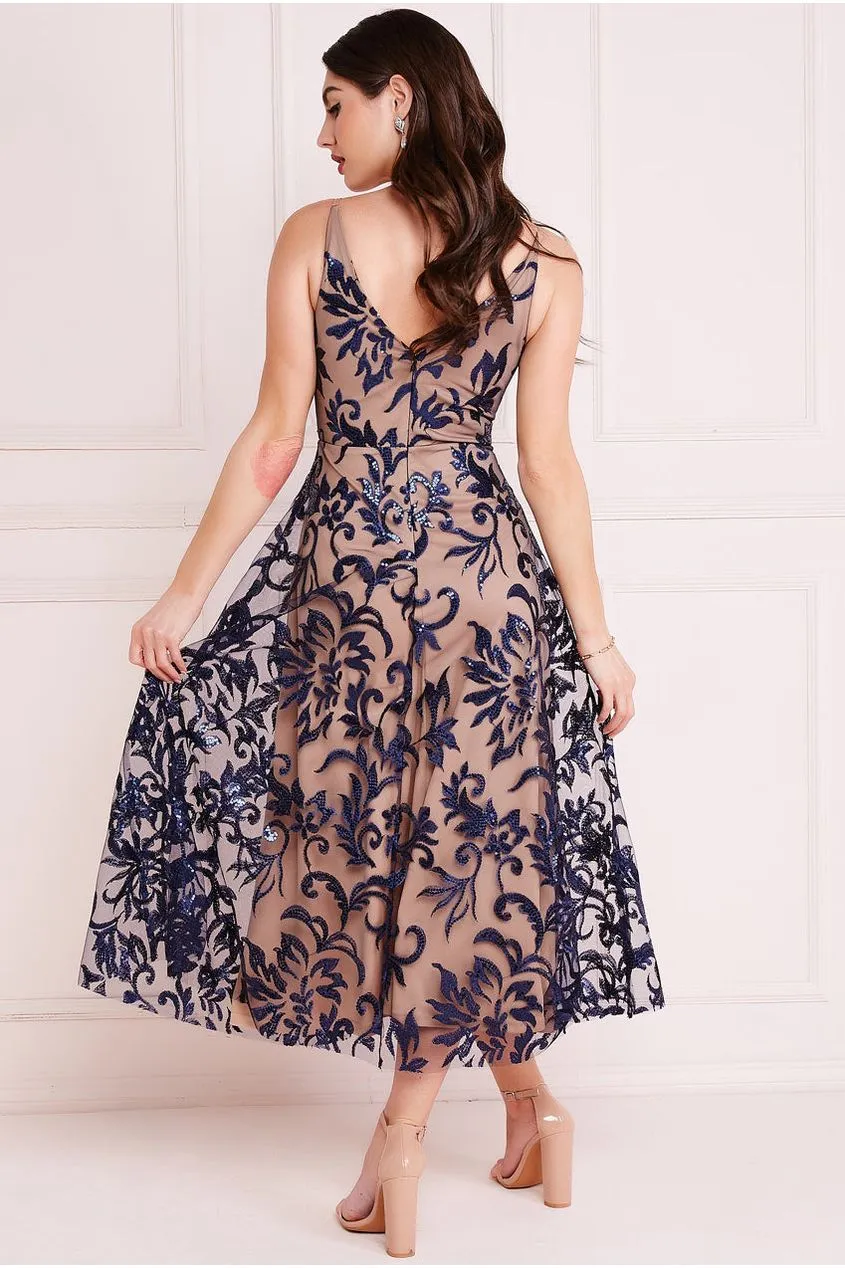 Goddiva Sequin Mesh V-Neck Flared Skirt Midi - Navy sold by Goddiva product image thumbnail 2