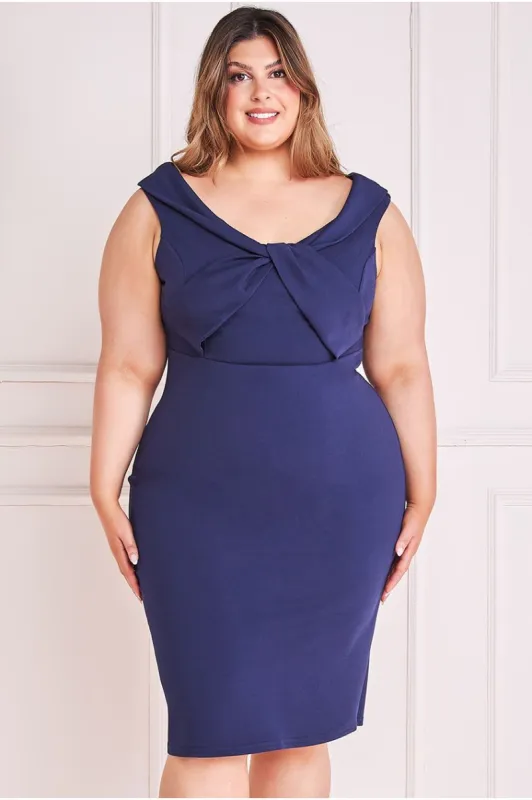 Goddiva Plus Front Twist  Bardot Midi Dress - Navy sold by Goddiva