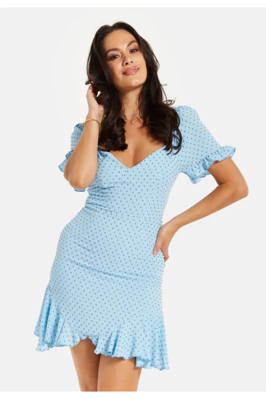 Liquorish Woven Polka Dot Frill Detail Dress In Blue sold by Goddiva