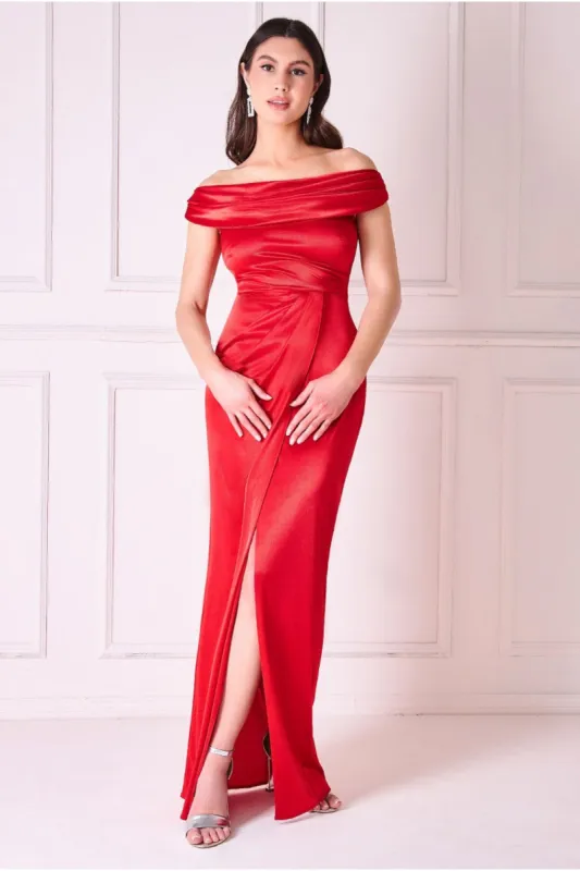 Cowl Bardot Satin Twill Maxi Dress - Red by Goddiva sold by Goddiva