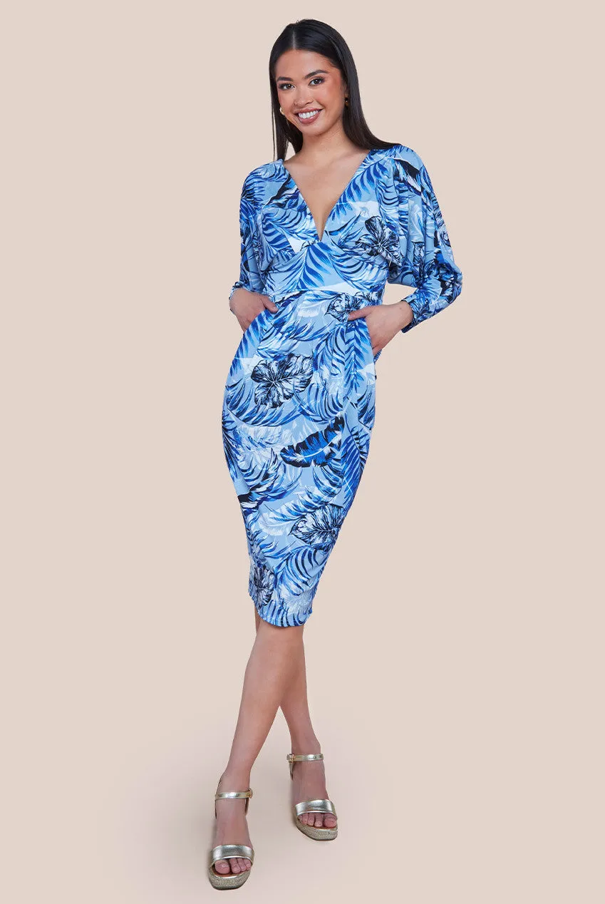 Tropical Print Midi With Batwing Sleeves - Blue by Goddiva sold by Goddiva