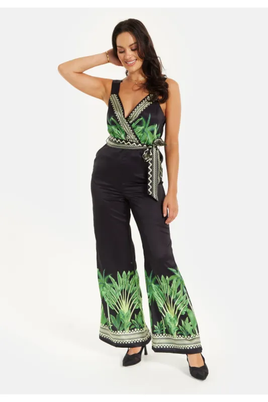 Leaf Printed V Neck Jumpsuit With Tie Detail by Liquorish sold by Goddiva