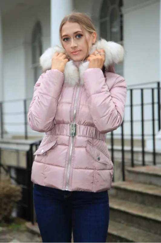 Double Second Pink Belted Short Puffer sold by Goddiva