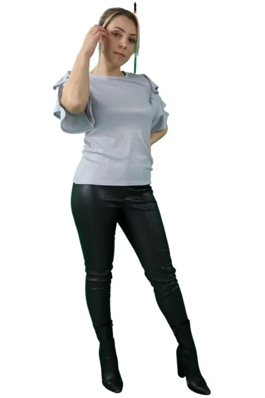 Signage Grey Lurex Top With Sleeve Frills sold by Goddiva