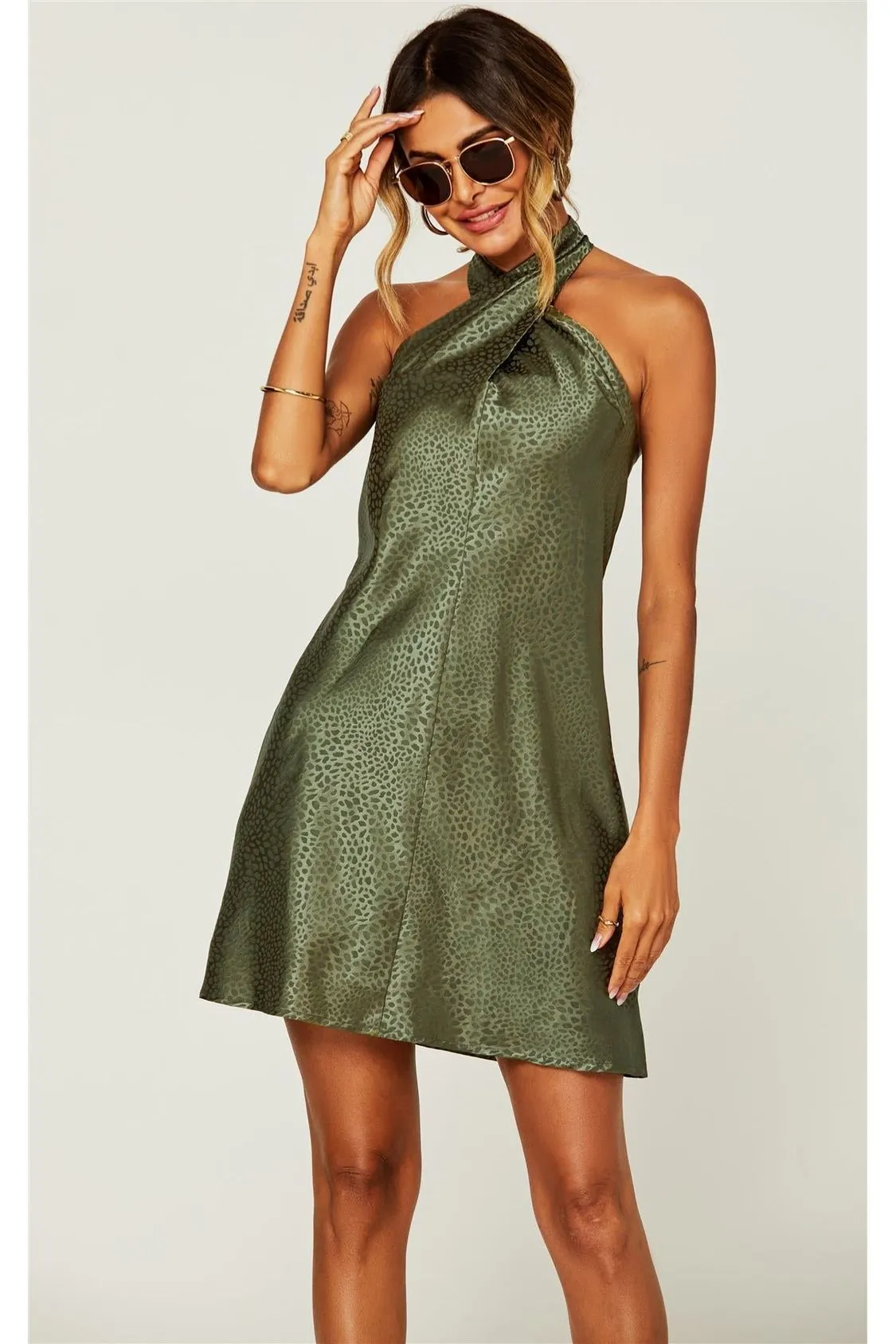 FS Collection Leopard Print Halter Neck Back Detail Mini Dress In Olive Green sold by Goddiva product image thumbnail 5