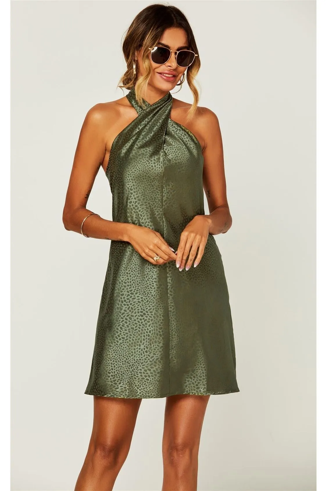 FS Collection Leopard Print Halter Neck Back Detail Mini Dress In Olive Green sold by Goddiva product image thumbnail 2