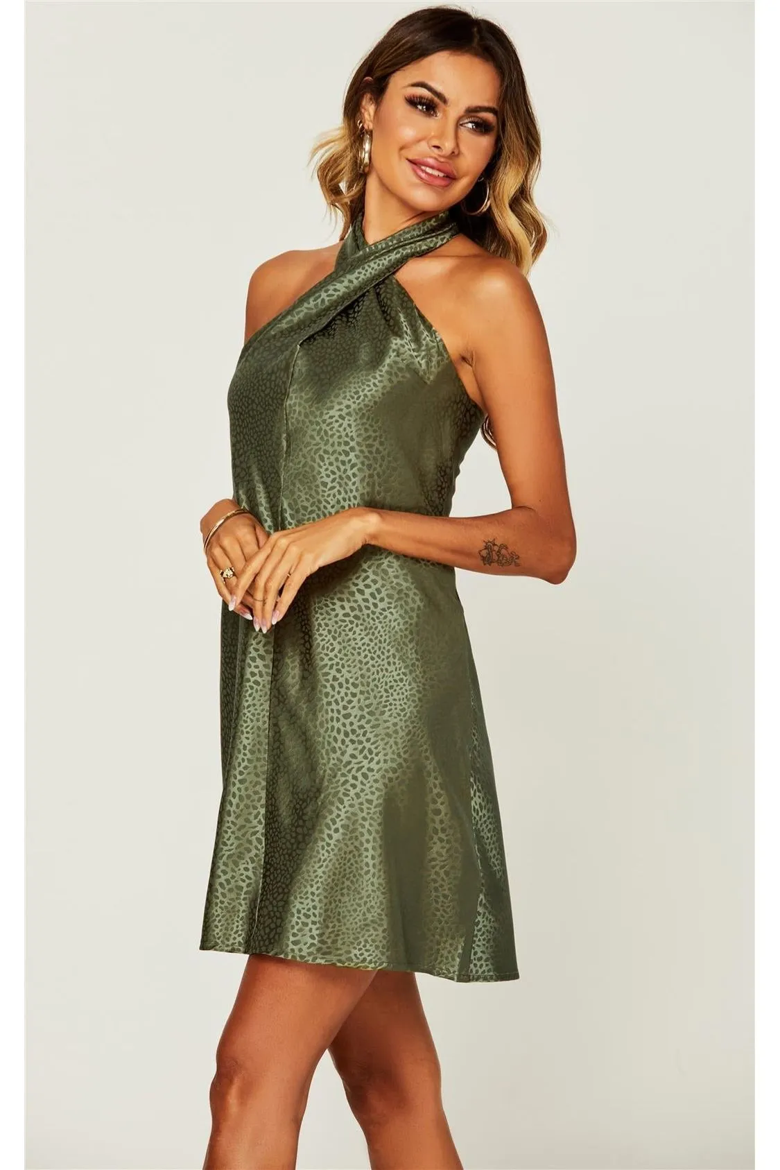 FS Collection Leopard Print Halter Neck Back Detail Mini Dress In Olive Green sold by Goddiva product image thumbnail 3