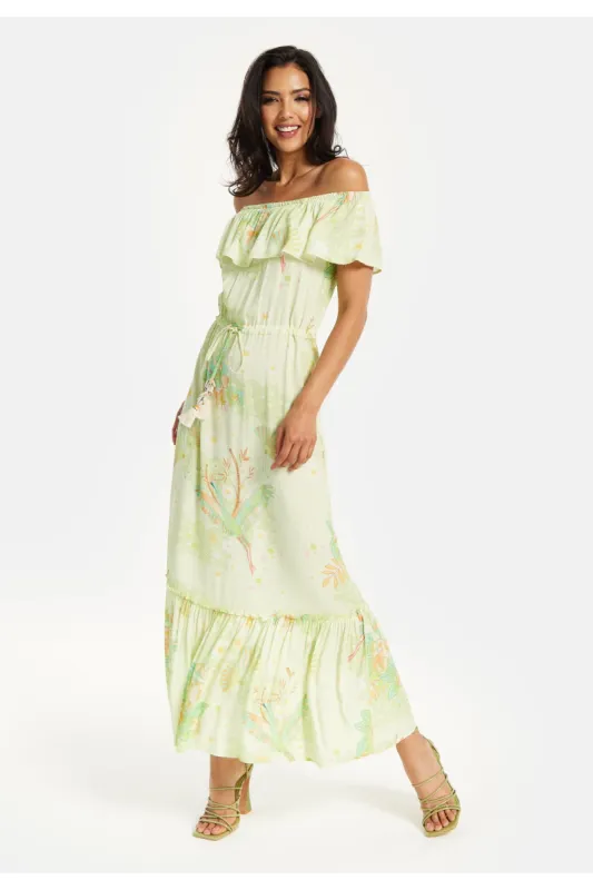 Liquorish Floral And Bird Print Off Shoulder Maxi Dress In Sage Green sold by Goddiva