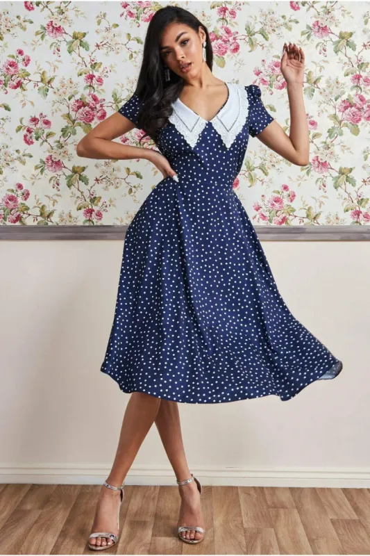 Goddiva Printed Tea Dress With Collar - Navy sold by Goddiva