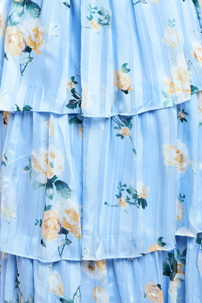 Goddiva Tiered Chiffon Floral Maxi Dress - Powder Blue sold by Goddiva product image thumbnail 4
