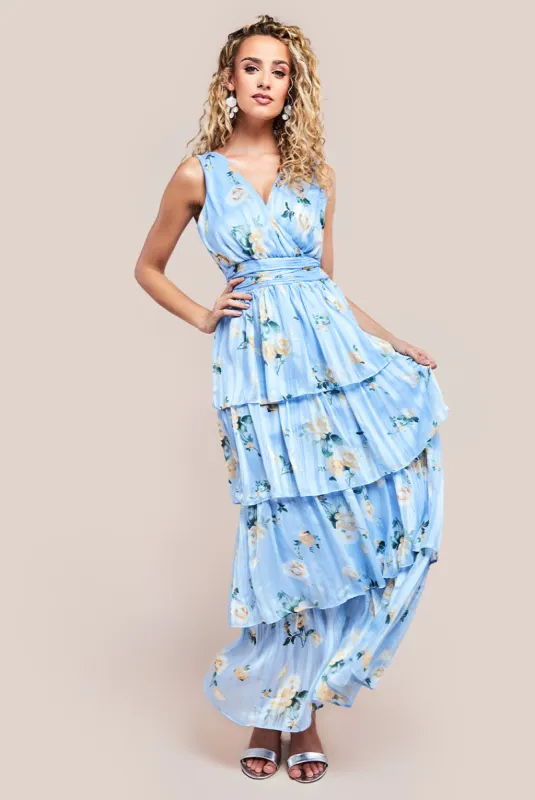 Goddiva Tiered Chiffon Floral Maxi Dress - Powder Blue sold by Goddiva
