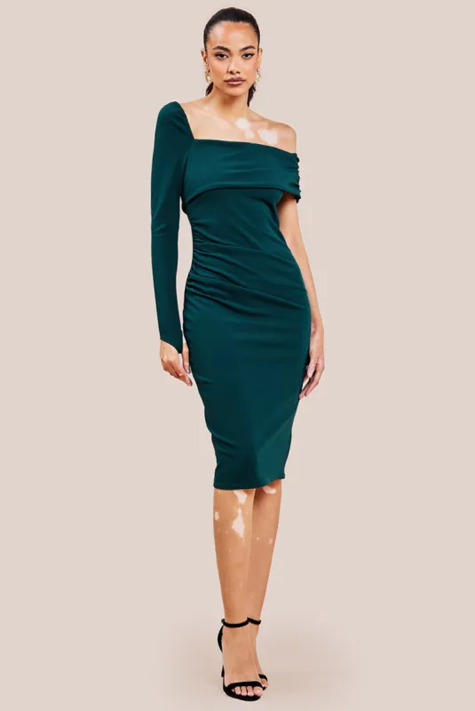 One Shoulder Scuba Midi Dress - Emerald Green by Goddiva sold by Goddiva