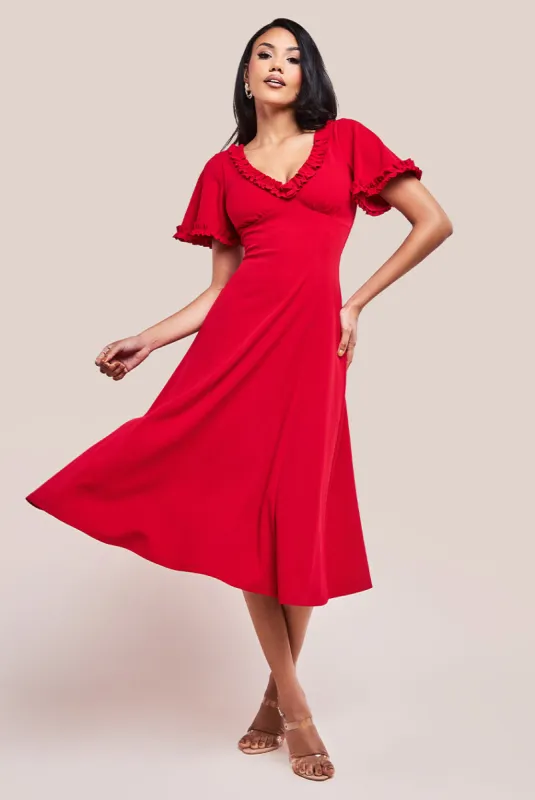 Flare Sleeve Frill Edge Midi Dress - Red by Goddiva sold by Goddiva