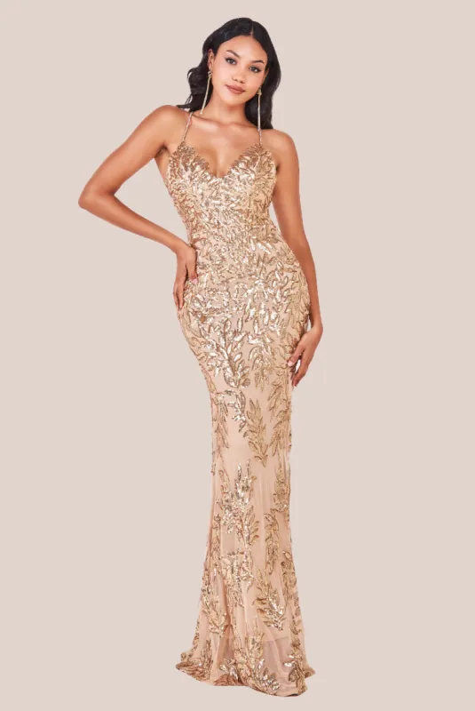 Goddiva Cross Back Diamante Strap Sequin Maxi - Gold sold by Goddiva