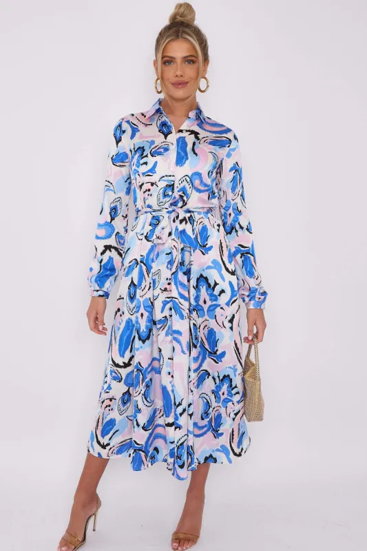 LOVE SUNSHINE Blue Paisley Print White Satin Midaxi Shirt Dress sold by Goddiva