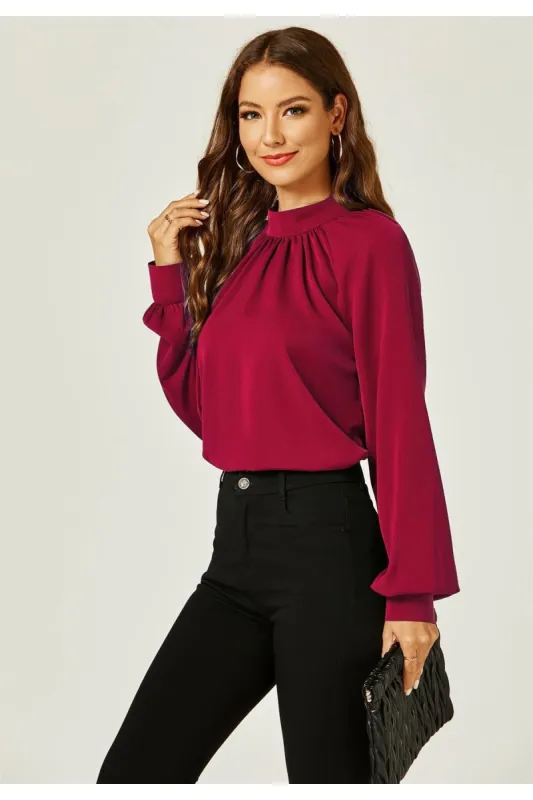 FS Collection Halter Neck Long Sleeve Blouse Top In Wine Red sold by Goddiva