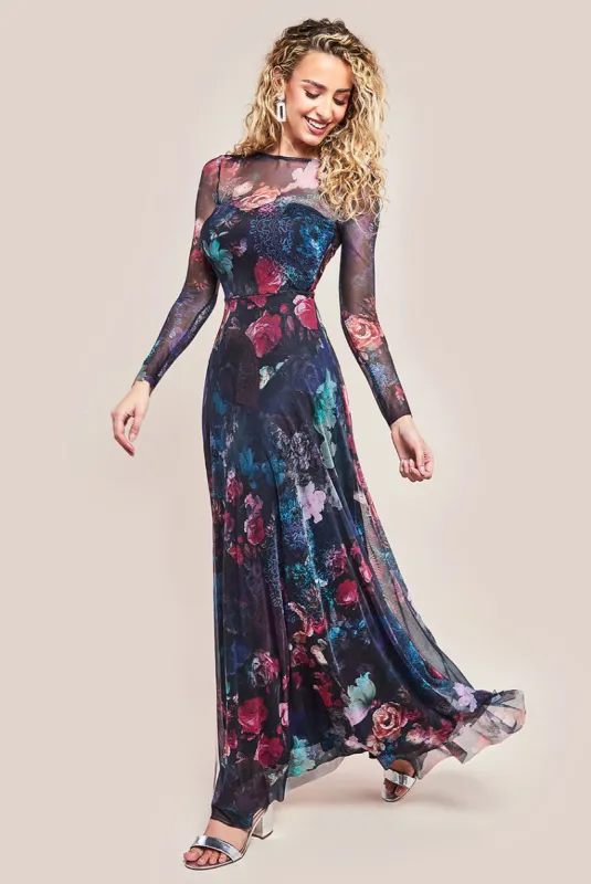 Printed Soft Mesh A-Line Maxi Dress - Black by Goddiva sold by Goddiva