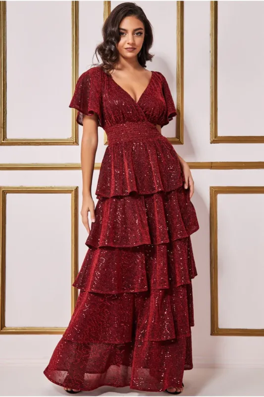 Goddiva Sequin Lurex Tiered Maxi Dress - Wine sold by Goddiva