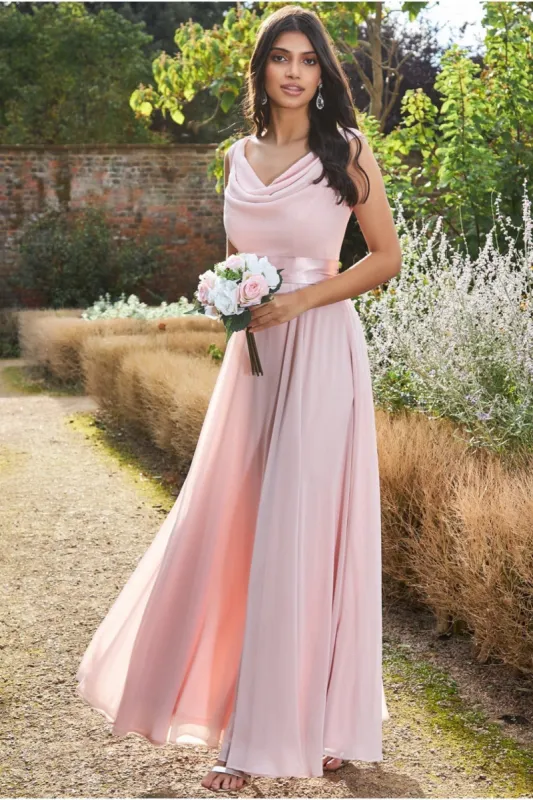 Cowl Neck Chiffon Maxi Dress - Blush Pink by Goddiva sold by Goddiva