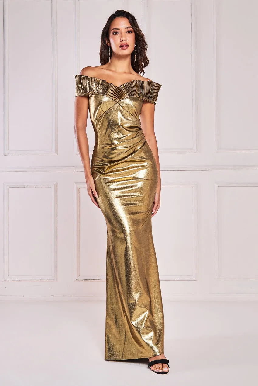 Fan Pleated Bardot Scuba Crepe Maxi - Gold by Goddiva sold by Goddiva