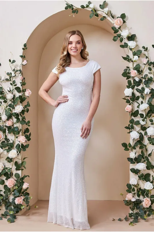 Goddiva Cowl Back Front Knot Sequin Maxi Dress - White sold by Goddiva