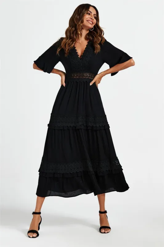 V Neck Lace Detail Midi Dress In Black by FS Collection sold by Goddiva