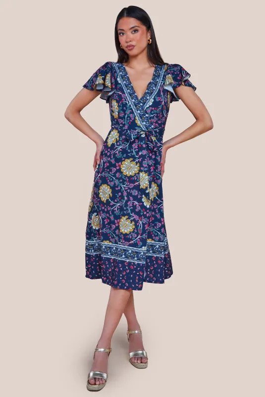 Floral Print Wrap Midi With Flutter Sleeves - Navy Print by Goddiva sold by Goddiva