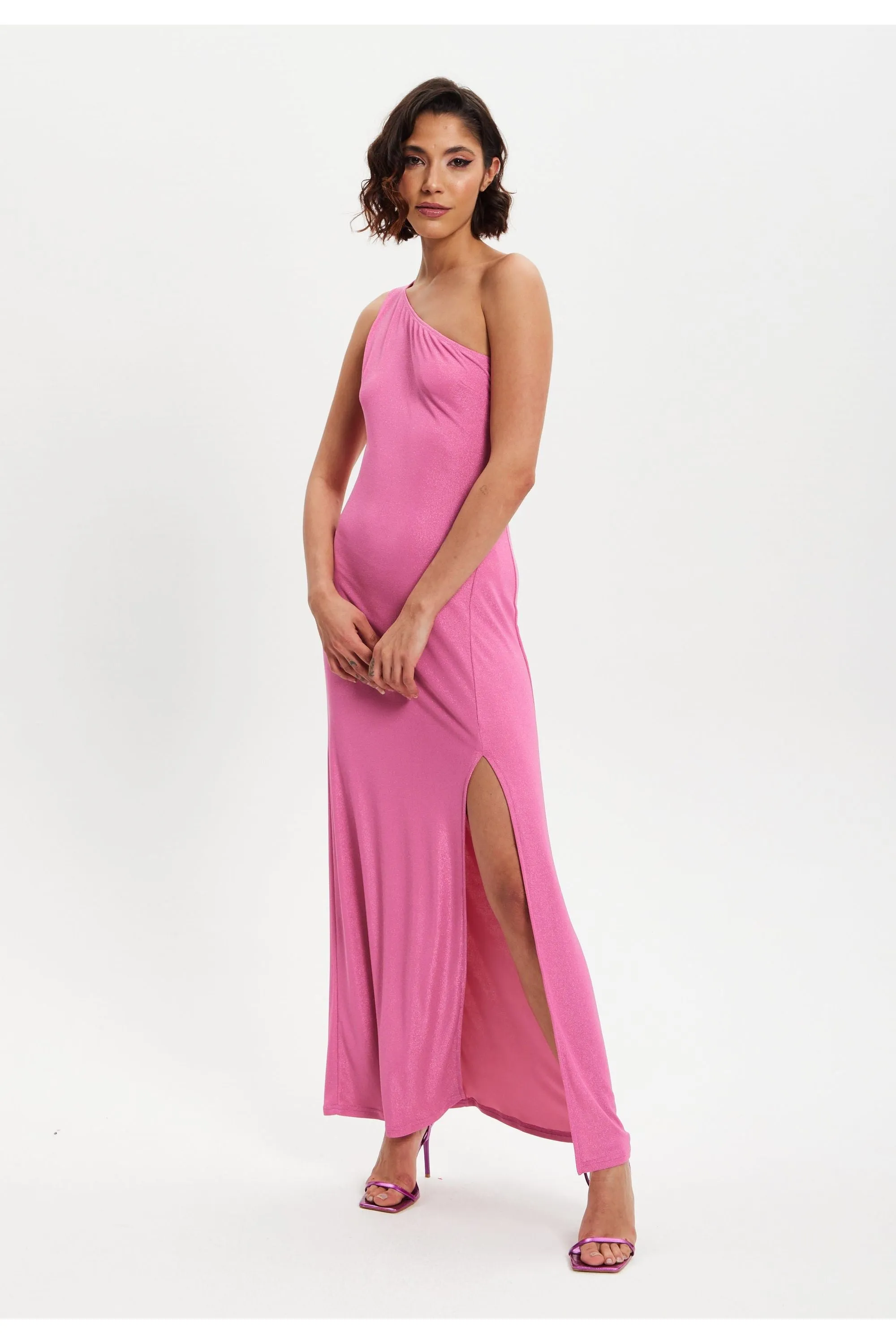 Pink Lurex One Shoulder Jersey Maxi Dress With Long Slit by Liquorish sold by Goddiva product image thumbnail 2