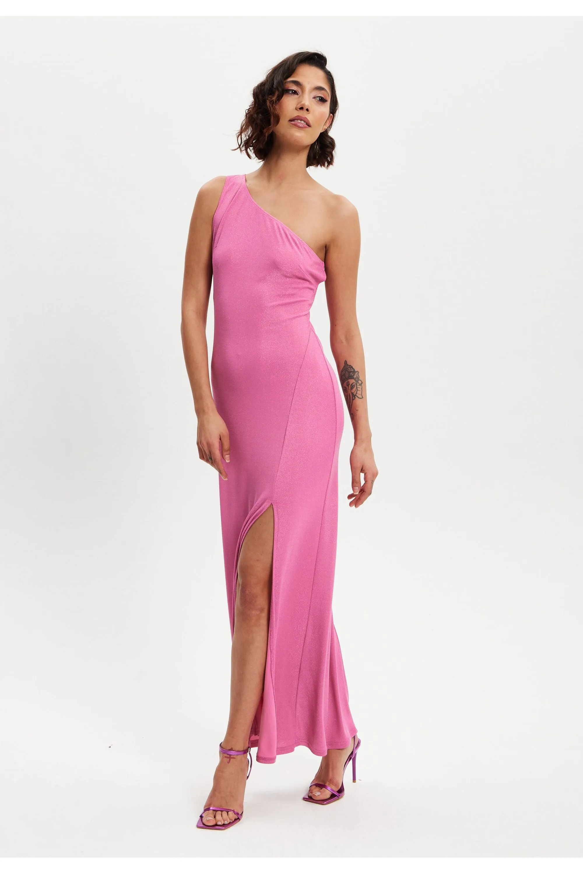 Pink Lurex One Shoulder Jersey Maxi Dress With Long Slit by Liquorish sold by Goddiva product image thumbnail 3