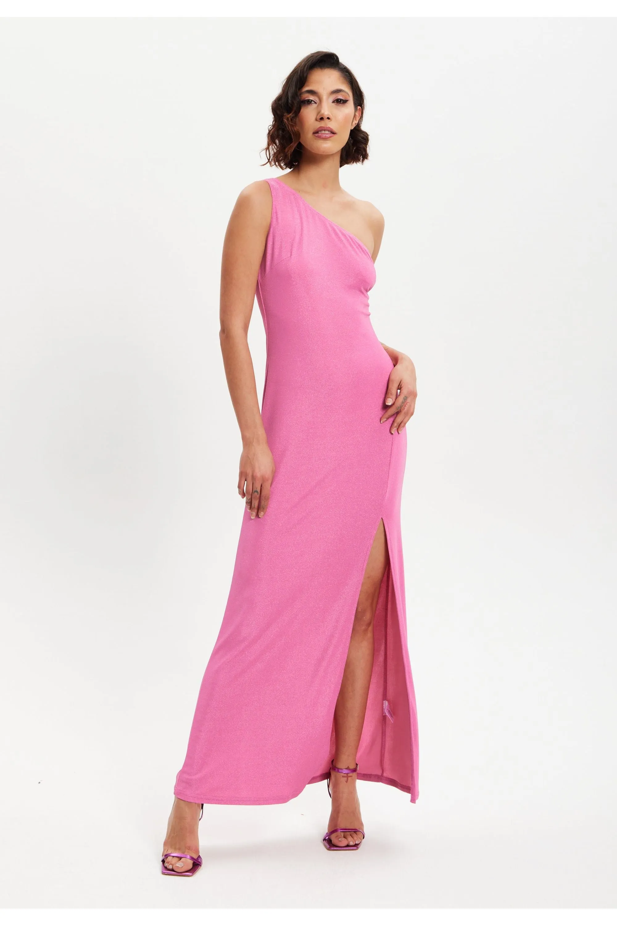 Pink Lurex One Shoulder Jersey Maxi Dress With Long Slit by Liquorish sold by Goddiva