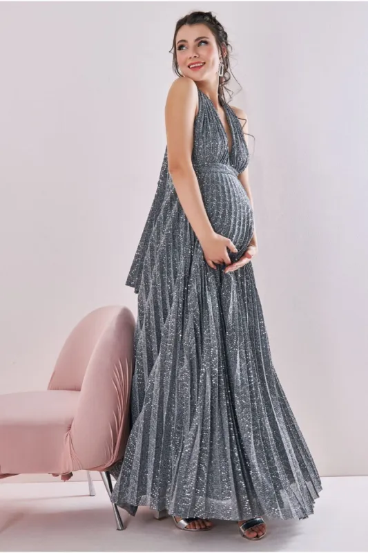 Maternity Halter Sequin Lurex Maxi Silver by Goddiva sold by Goddiva