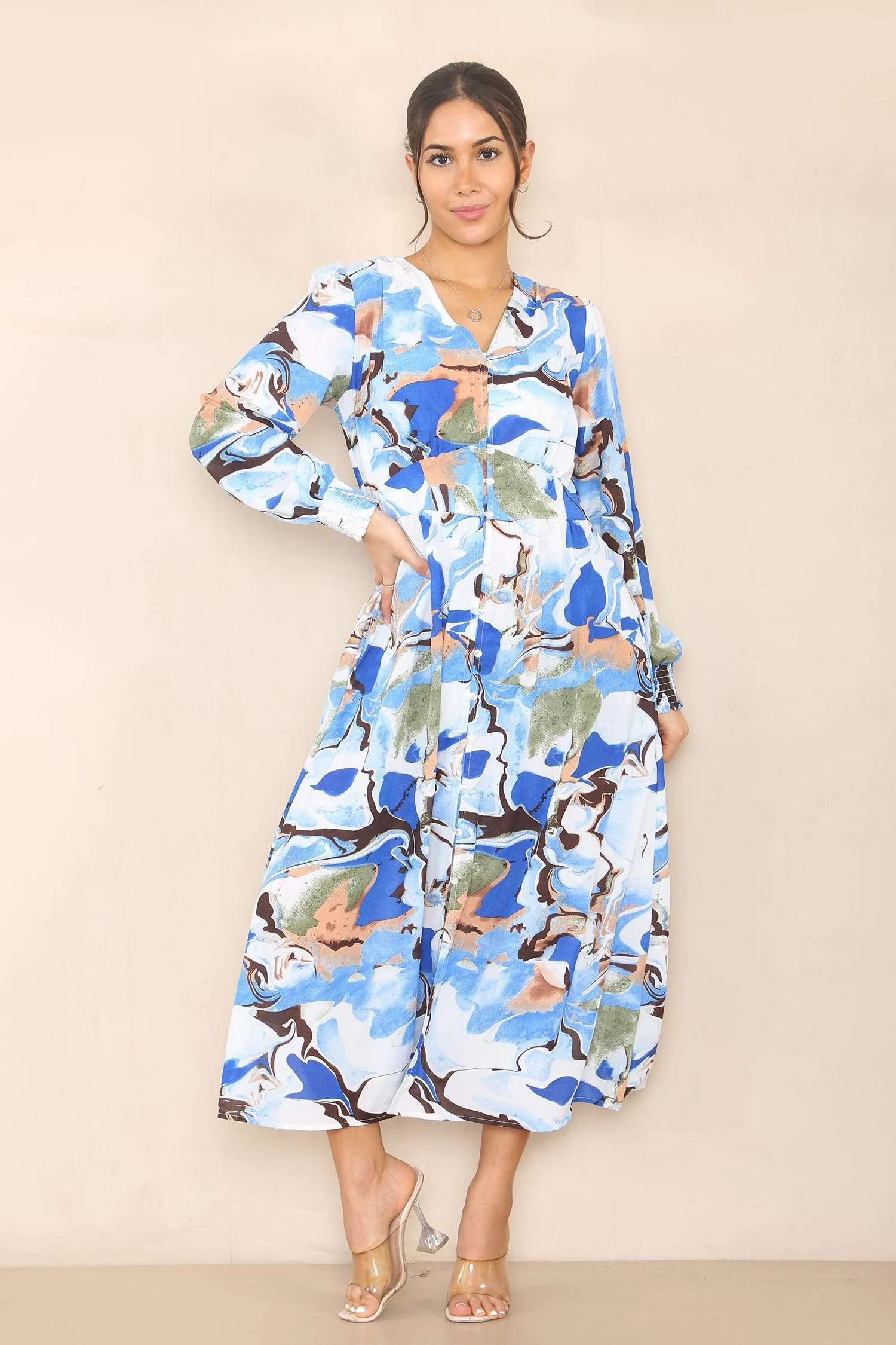LOVE SUNSHINE Blue Allover Print V Neck Maxi Dress sold by Goddiva product image thumbnail 2
