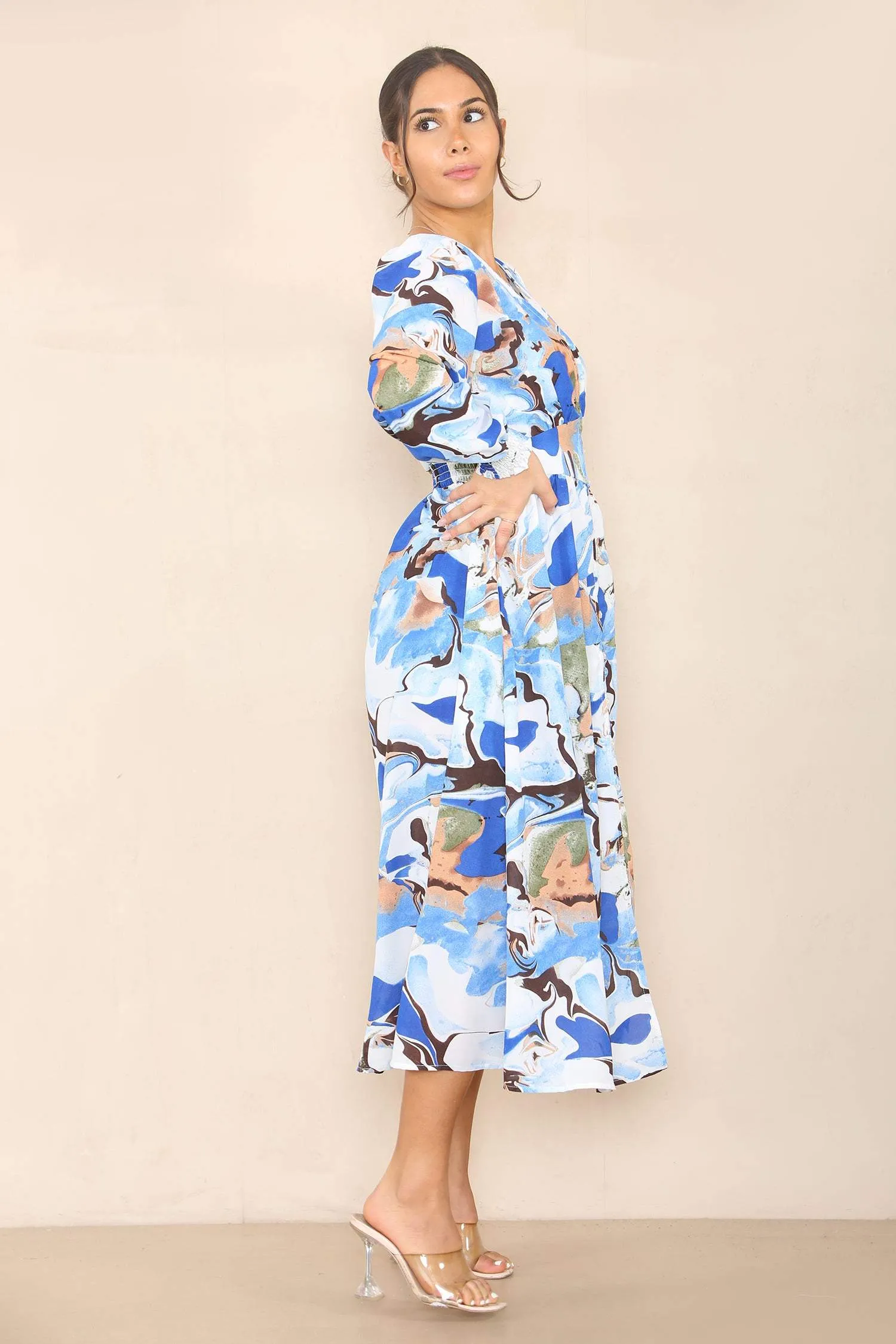 LOVE SUNSHINE Blue Allover Print V Neck Maxi Dress sold by Goddiva product image thumbnail 3