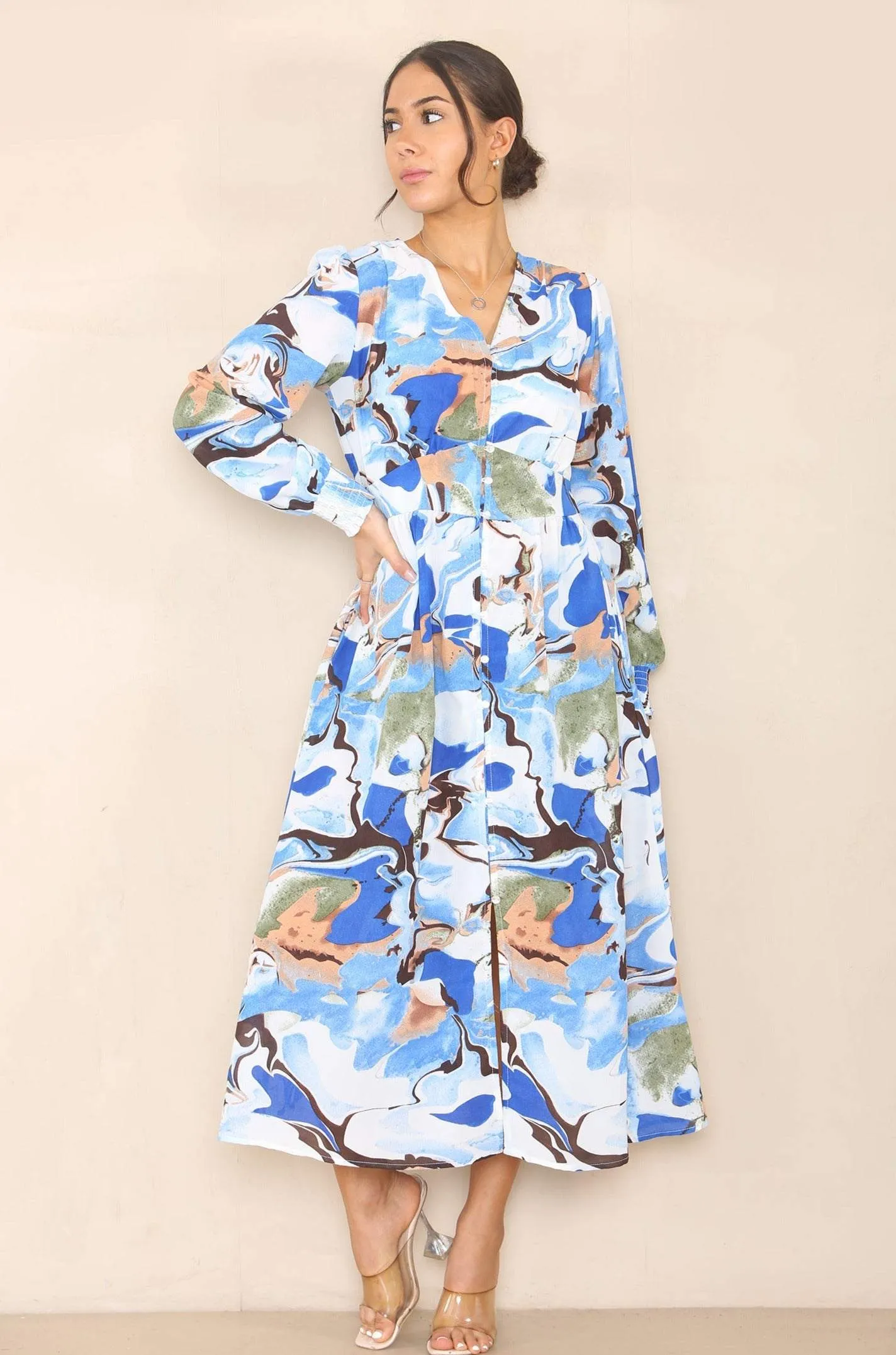 LOVE SUNSHINE Blue Allover Print V Neck Maxi Dress sold by Goddiva