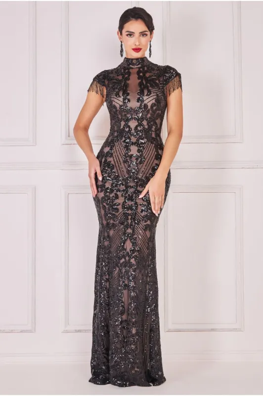 Goddiva Embroidered Sequin Beaded Cap Sleeve Maxi - Black sold by Goddiva