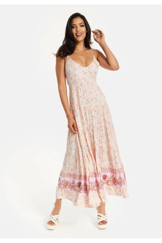 Cami Maxi Dress In Nude Floral Print With Tie Back by Liquorish sold by Goddiva