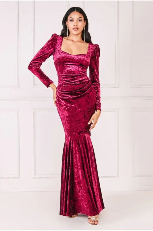 Goddiva Flared Hem Ice Velvet Maxi - Burgundy sold by Goddiva