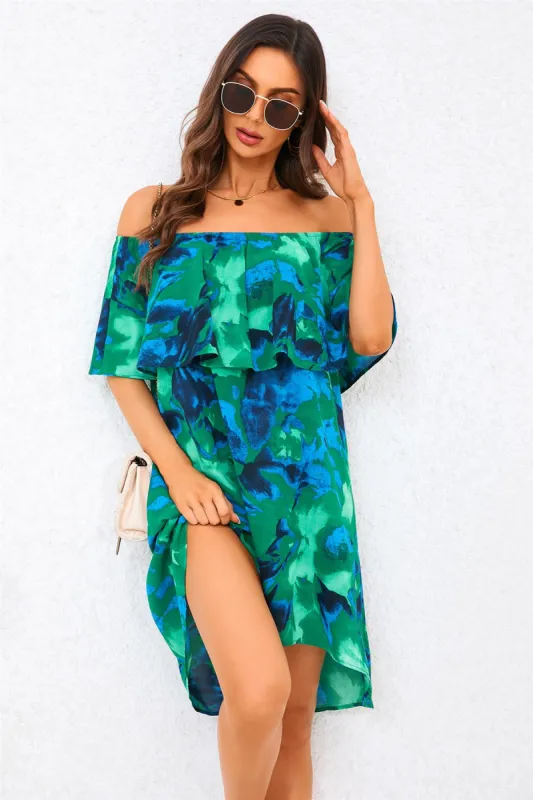 FS Collection Abstract Floral Print Bardot Frill Off Shoulder Mini Dress In Green sold by Goddiva