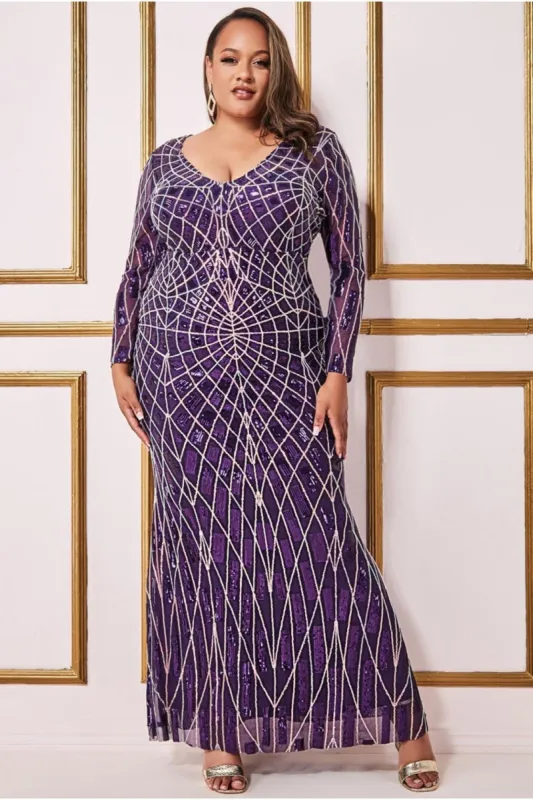 Geo Sequin Long Sleeve Maxi Dress - Purple by Goddiva Plus sold by Goddiva