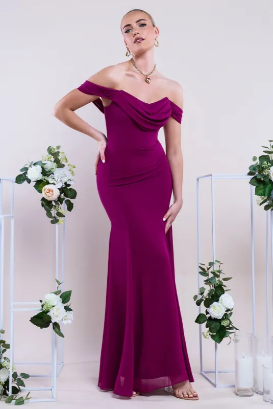 Chiffon Bardot Cowl Neck Maxi Dress - Magenta by Goddiva sold by Goddiva