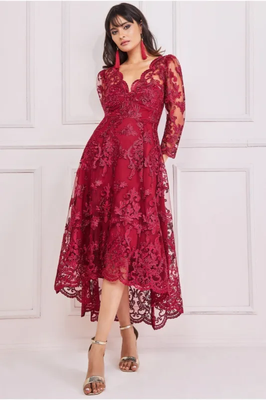 Goddiva Scalloped Lace Dipped Hem Midi Dress - Wine sold by Goddiva
