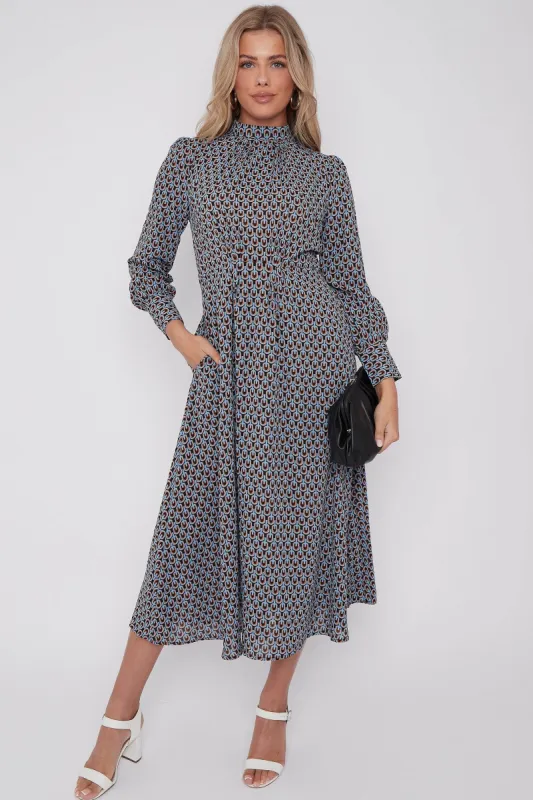 LOVE SUNSHINE Blue Geo Print Pleated Skirt Midaxi Dress sold by Goddiva