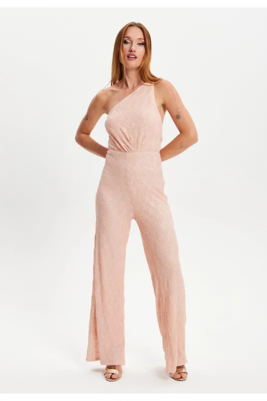 Pink Sequin Jersey One Shoulder Jumpsuit by Liquorish sold by Goddiva