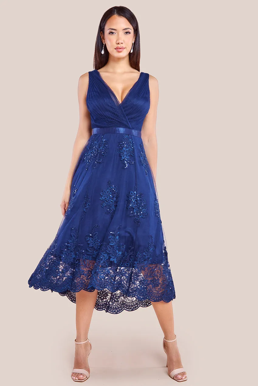 Pleated Satin Bodice High And Low Dress - Navy by Goddiva sold by Goddiva