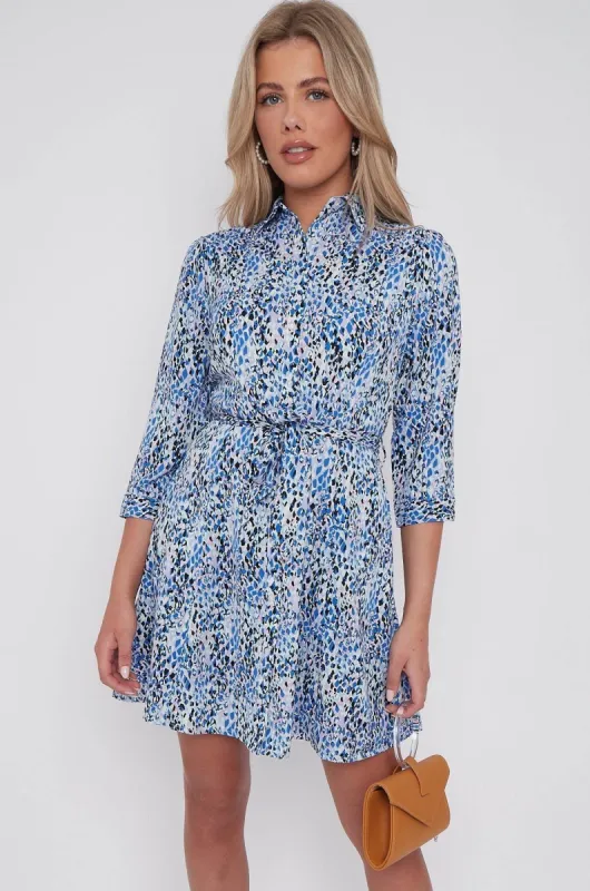 Blue Leopard Print Belted Mini Shirt Dress by LOVE SUNSHINE sold by Goddiva